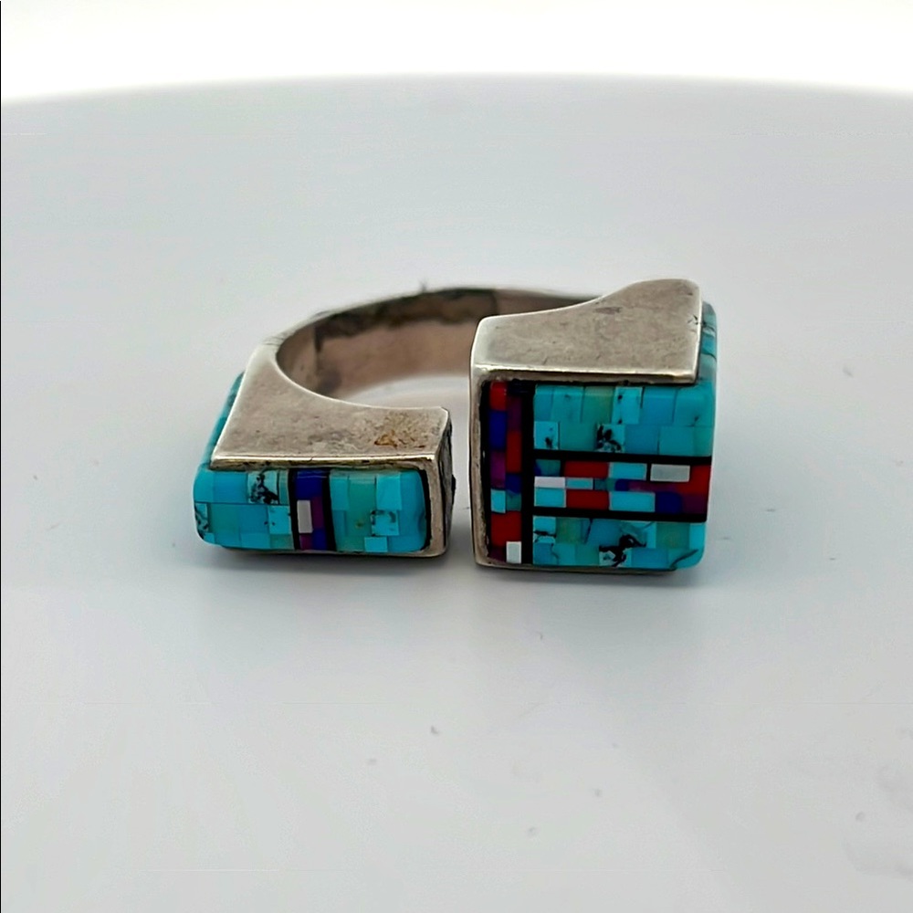 Navajo Turquoise and Sterling Silver Mosaic Inlay Vintage Mens Ring